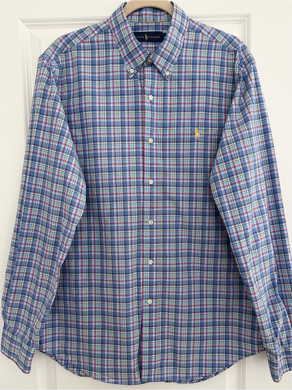 Ralph Lauren Blue Pink Yellow Plaid Long Sleeve Button Down Oxford Dress Shirt